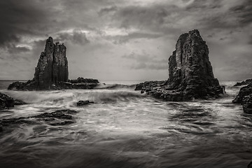 Image showing Dramatic skies above  coastal sea stacks