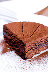 Image showing Piece of chocolate cake on white plate.