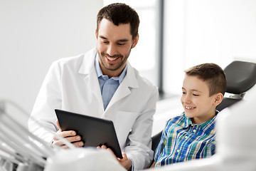 Image showing dentist showing tablet pc to kid patient at clinic