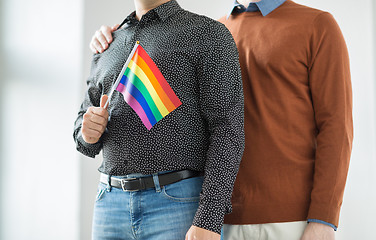 Image showing close up of happy male couple with gay pride flags