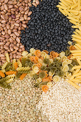 Image showing Raw pasta, beans, lentils and rice as a background pattern