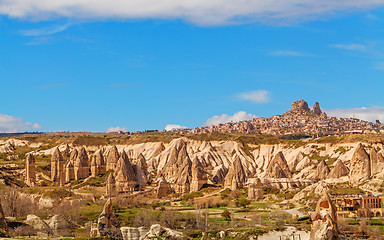 Image showing Fairy houses stone cliffs and Uchisar natural stone fortress