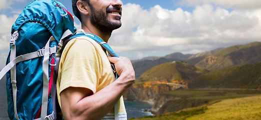 Image showing close up of man with backpack on big sur coast