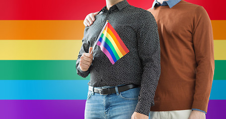 Image showing close up of male couple with gay pride flag