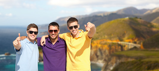 Image showing group of male friends hugging over big sur coast