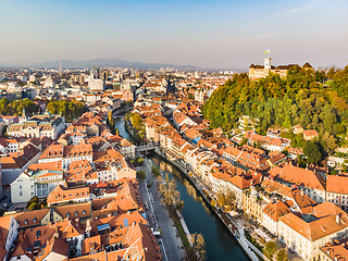 Image showing Cityscape of Ljubljana, capital of Slovenia in warm afternoon sun.