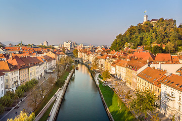 Image showing Cityscape of Ljubljana, capital of Slovenia in warm afternoon sun.