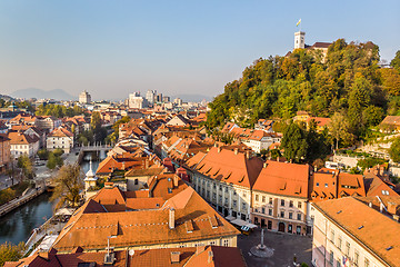 Image showing Cityscape of Ljubljana, capital of Slovenia in warm afternoon sun.