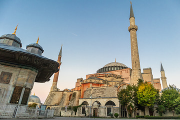 Image showing Hagia Sophia domes and minarets in the old town of Istanbul, Turkey, at sunrise.