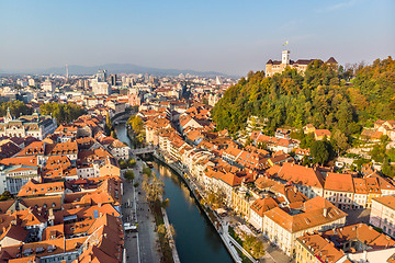 Image showing Cityscape of Ljubljana, capital of Slovenia in warm afternoon sun.