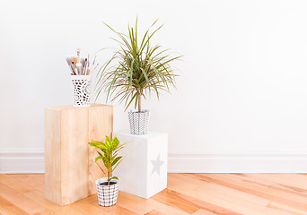 Image showing Paintbrushes and houseplants in hand-painted ceramic pots