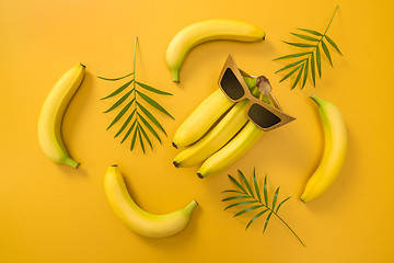 Image showing Bananas, sunglasses and palm leaves on yellow background