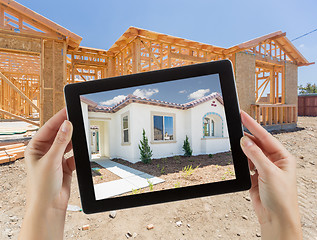 Image showing Female Hands Holding Computer Tablet with Finished House on Scre