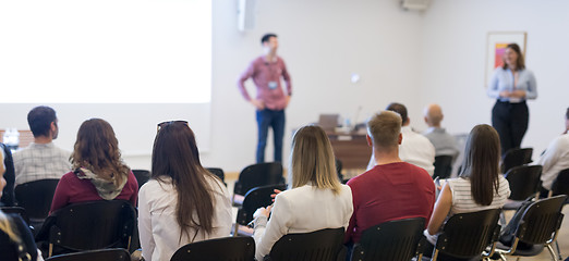 Image showing Speaker giving presentation talk at business conference.