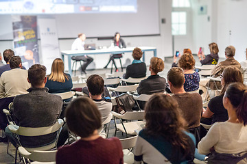 Image showing Media interview and round table discussion at popular scientific conference.