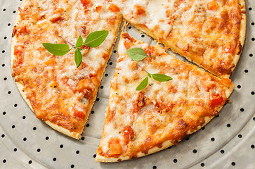 Image showing Freshly baked pizza decorated with green basil leaves