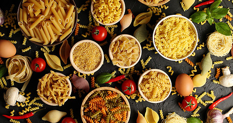 Image showing Layout of pasta and ingredients for cooking