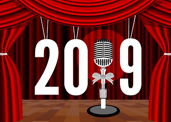 Image showing Happy New Year 2019 on the background of the stage with a microphone