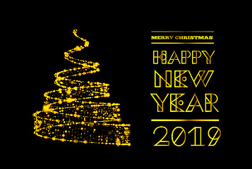 Image showing Golden geometric christmas tree from lights in spiral ribbon form