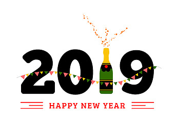 Image showing Congratulations to the happy new 2019 year with a bottle of champagne, flags. Vector