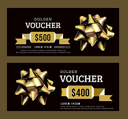 Image showing Golden gift voucher abstract template. Gold on Black design. Golden ribbon. Vector illustration.