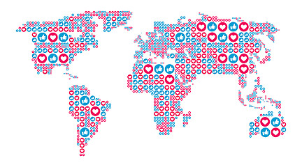 Image showing Social media like and heart symbols in the world map form. SEO, SMM concept. Vector illustration