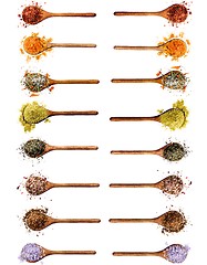 Image showing Collection of Spices in Wooden Spoons