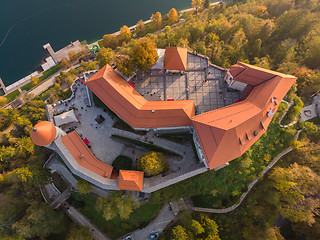 Image showing Top down view of medieval castle on Bled lake in Slovenia in autumn.