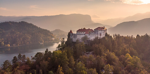 Image showing Medieval castle on Bled lake in Slovenia in autumn.