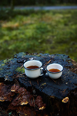 Image showing Two white cups of hot tea on the old stump