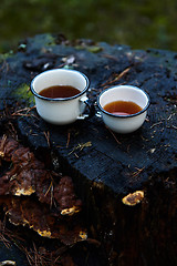 Image showing Two white cups of hot tea on the old stump