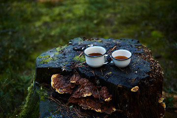 Image showing Two white cups of hot tea on the old stump