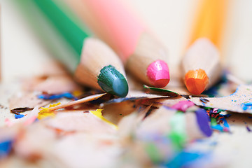 Image showing Closeup on sharpened colored pencils with shavings