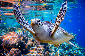 Image showing Sea turtle swims under water on the background of coral reefs