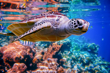 Image showing Sea turtle swims under water on the background of coral reefs