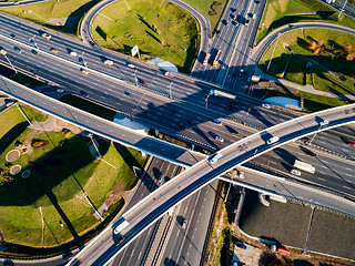 Image showing Aerial view of a freeway intersection traffic trails in Moscow.