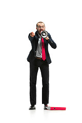 Image showing Front view of a man screaming on the megaphone over white background