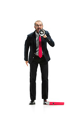 Image showing Front view of a man screaming on the megaphone over white background