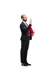 Image showing Choose me. Full body view of businessman on white studio background