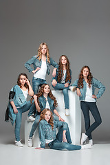 Image showing The fashion girls standing together and looking at camera over gray studio background