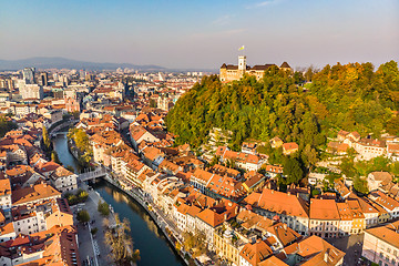 Image showing Cityscape of Ljubljana, capital of Slovenia in warm afternoon sun.