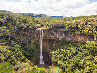 Image showing Aerial top view perspective of Chamarel Waterfall in the tropical island jungle of Mauritius.