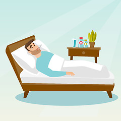 Image showing Sick man with thermometer laying in bed.