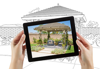 Image showing Female Hands Holding Computer Tablet with Photo of Pergola on Sc