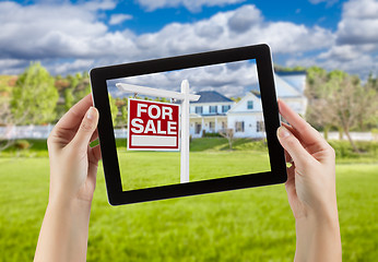 Image showing Female Hands Holding Computer Tablet with Home For Sale Sign on 