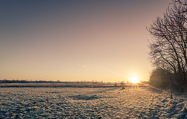 Image showing Countryside sunrise over a frozen field