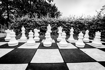 Image showing Black and white photo of a game of chess