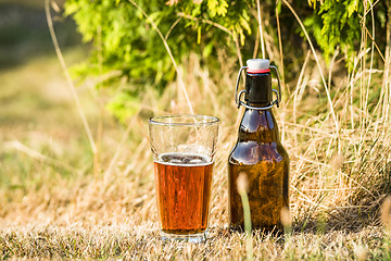 Image showing Golden beer in a glass with a bottle next to