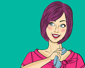 Image showing Delightted pop art woman chatting on retro phone. Comic woman . 