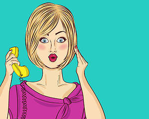 Image showing Surprised blonde pop art woman chatting on retro phone. Comic wo